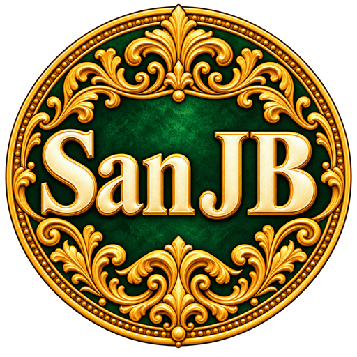 Pin circular que sólo dice San JB, rodeado de adornos dorados sobre fondo verde